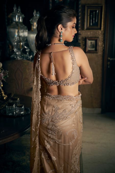 Shop_Seema Gujral_Beige Net Crystals, Sequins Asymmetric Embroidered Saree With Blouse _at_Aza_Fashions