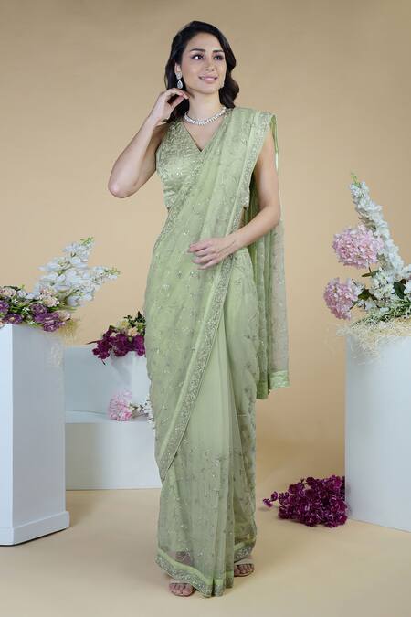 Talking Threads_Green Silk Organza Beads, Sequins V-neck Zardozi Embroidered Saree And Blouse Set_Online_at_Aza_Fashions