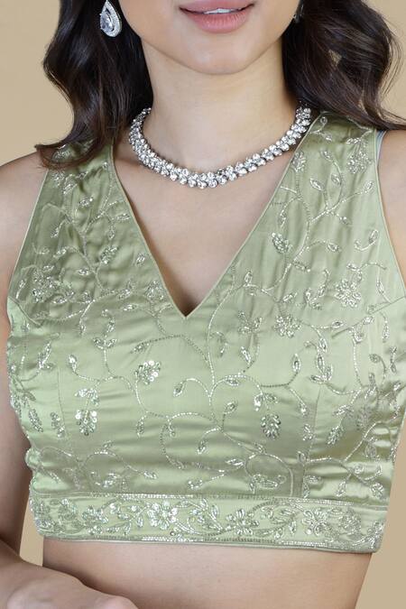 Buy_Talking Threads_Green Silk Organza Beads, Sequins V-neck Zardozi Embroidered Saree And Blouse Set_Online_at_Aza_Fashions