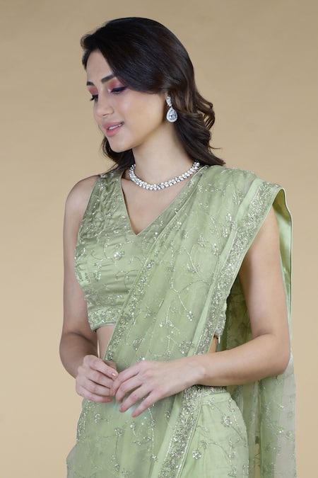 Talking Threads_Green Silk Organza Beads, Sequins V-neck Zardozi Embroidered Saree And Blouse Set_at_Aza_Fashions