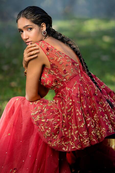 Talking Threads_Red Tulle Beads, Sequins, Embroidery V-neck 3d Floral Peplum Top Sharara Set_Online_at_Aza_Fashions