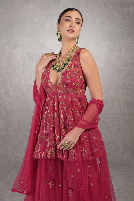 Buy_Talking Threads_Red Tulle Beads, Sequins, Embroidery V-neck 3d Floral Peplum Top Sharara Set_Online_at_Aza_Fashions