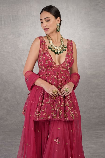 Shop_Talking Threads_Red Tulle Beads, Sequins, Embroidery V-neck 3d Floral Peplum Top Sharara Set_Online_at_Aza_Fashions