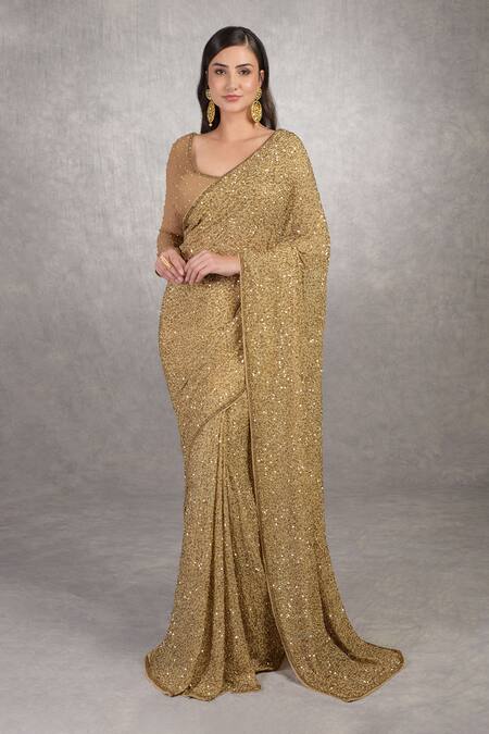 Shop Talking Threads Gold Chiffon, Cotton Cut Work, Sequins, Embroidery Beads Saree And Blouse Set Online at Aza Fashions Shop_Talking Threads_Gold Chiffon, Cotton Cut Work, Sequins, Embroidery Beads Saree And Blouse Set _Online_at_Aza_Fashions