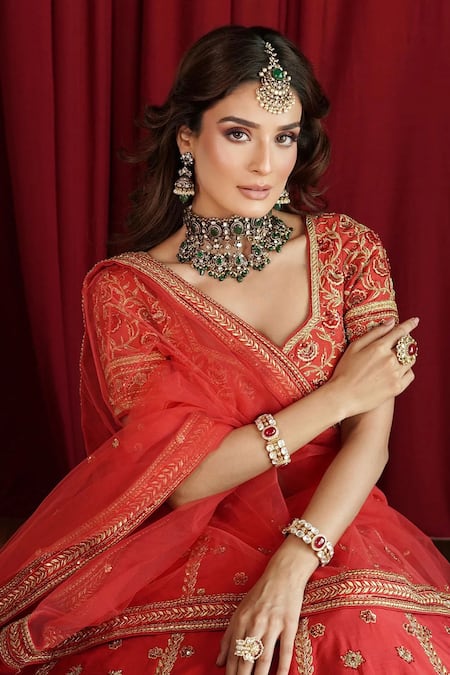 Talking Threads_Red Silk, Tulle Embroidery, Zari Sweetheart Floral Zardozi Bridal Lehenga Set_Online_at_Aza_Fashions