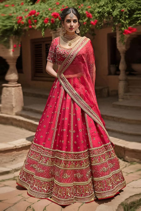 Buy Red Raw Silk Embroidered Zardozi Scoop Neck Bridal Lehenga Set For  Women by JAYANTI REDDY Online at Aza Fashions.