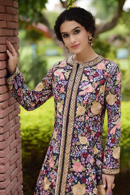 Talking Threads_Blue Silk, Crepe Sequins Round Neck Parsi Gara Embroidered Jacket And Skirt Set_Online_at_Aza_Fashions