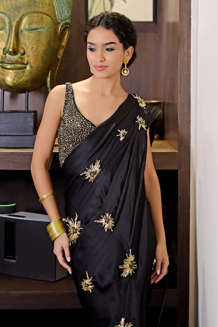 Shop Talking Threads Black Satin, Georgette Stardust Embroidered Pre-draped Saree With Blouse Online at Aza Fashions Shop_Talking Threads_Black Satin, Georgette Stardust Embroidered Pre-draped Saree With Blouse _Online_at_Aza_Fashions