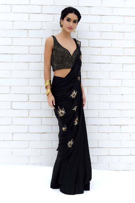 Buy Talking Threads Black Satin, Georgette Stardust Embroidered Pre-draped Saree With Blouse Buy_Talking Threads_Black Satin, Georgette Stardust Embroidered Pre-draped Saree With Blouse