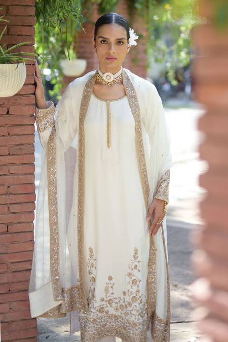 Talking Threads_Ivory Silk Organza, Spandex Beads, Sequins Floral Marodi Embroidered Kurta Set _at_Aza_Fashions