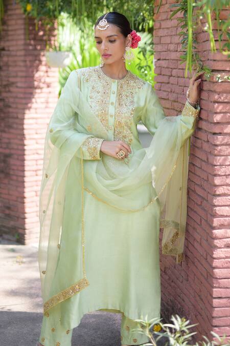 Shop Talking Threads Green , Spandex, Organza Sequins, Beads Hand Embroidered Kurta Pant Set Shop_Talking Threads_Green , Spandex, Organza Sequins, Beads Hand Embroidered Kurta Pant Set