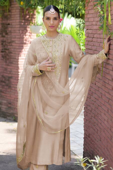 Talking Threads Beige Silk Organza, Cotton, Spandex Sequins, Beads, Embroidery Kurta Pant Set Online at Aza Fashions Talking Threads_Beige Silk Organza, Cotton, Spandex Sequins, Beads, Embroidery Kurta Pant Set _Online_at_Aza_Fashions