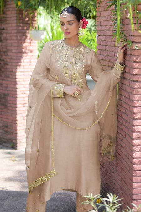 Buy Talking Threads Beige Silk Organza, Cotton, Spandex Sequins, Beads, Embroidery Kurta Pant Set Online at Aza Fashions Buy_Talking Threads_Beige Silk Organza, Cotton, Spandex Sequins, Beads, Embroidery Kurta Pant Set _Online_at_Aza_Fashions