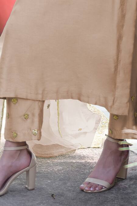 Shop Talking Threads Beige Silk Organza, Cotton, Spandex Sequins, Beads, Embroidery Kurta Pant Set Online at Aza Fashions Shop_Talking Threads_Beige Silk Organza, Cotton, Spandex Sequins, Beads, Embroidery Kurta Pant Set _Online_at_Aza_Fashions