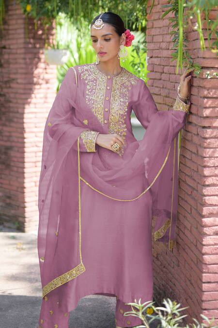 Shop Talking Threads Purple Silk Organza, Cotton, Spandex Sequins, Hand Embroidered Kurta Pant Set Online at Aza Fashions Shop_Talking Threads_Purple Silk Organza, Cotton, Spandex Sequins, Hand Embroidered Kurta Pant Set _Online_at_Aza_Fashions