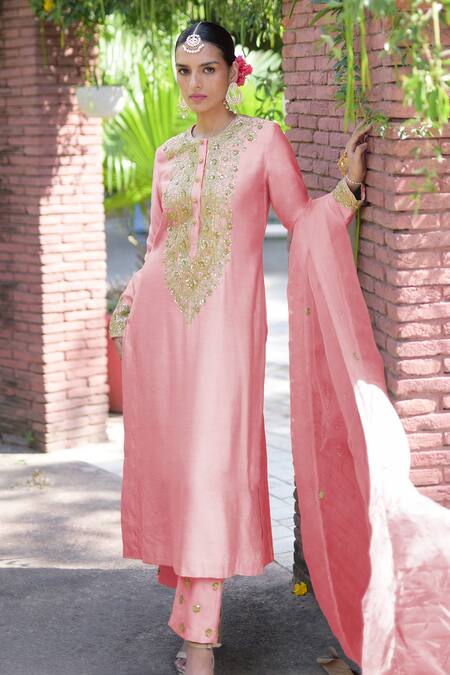 Talking Threads Pink Silk Organza Sequins, Beads, Embroidery Round Marori Hand Kurta Pant Set at Aza Fashions Talking Threads_Pink Silk Organza Sequins, Beads, Embroidery Round Marori Hand Kurta Pant Set _at_Aza_Fashions