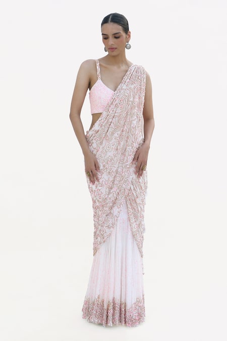 Talking Threads Hand Embroidered Pre-Draped Saree With Blouse