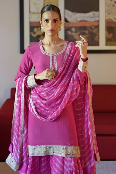 Talking Threads_Pink Crepe, Chiffon Embroidery Round Neck Placket Kurta Sharara Set _Online_at_Aza_Fashions