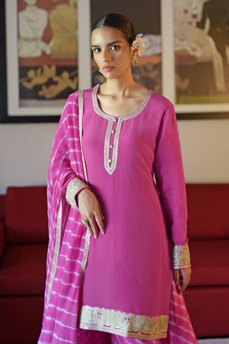 Buy_Talking Threads_Pink Crepe, Chiffon Embroidery Round Neck Placket Kurta Sharara Set _Online_at_Aza_Fashions