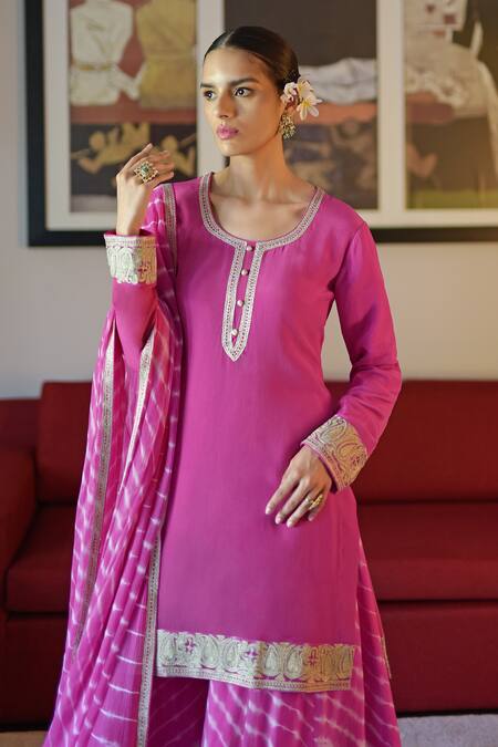 Shop_Talking Threads_Pink Crepe, Chiffon Embroidery Round Neck Placket Kurta Sharara Set _Online_at_Aza_Fashions