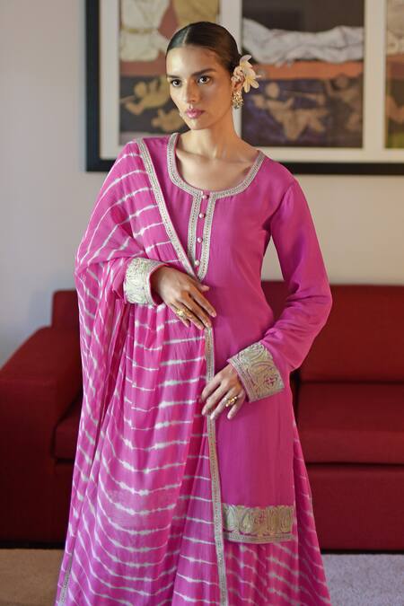 Talking Threads_Pink Crepe, Chiffon Embroidery Round Neck Placket Kurta Sharara Set _at_Aza_Fashions