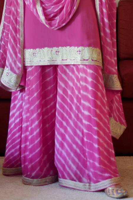Buy_Talking Threads_Pink Crepe, Chiffon Embroidery Round Neck Placket Kurta Sharara Set 