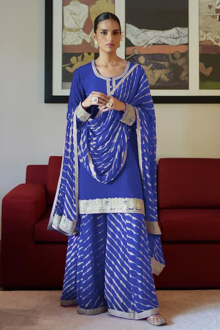 Talking Threads Blue Kurta Crepe Embroidered Kashmiri Tilla Placket Sharara Set  