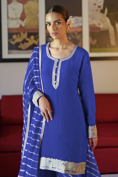 Talking Threads_Blue Crepe, Chiffon Embroidery Round Placket Kashmiri Tilla Kurta Sharara Set _Online_at_Aza_Fashions