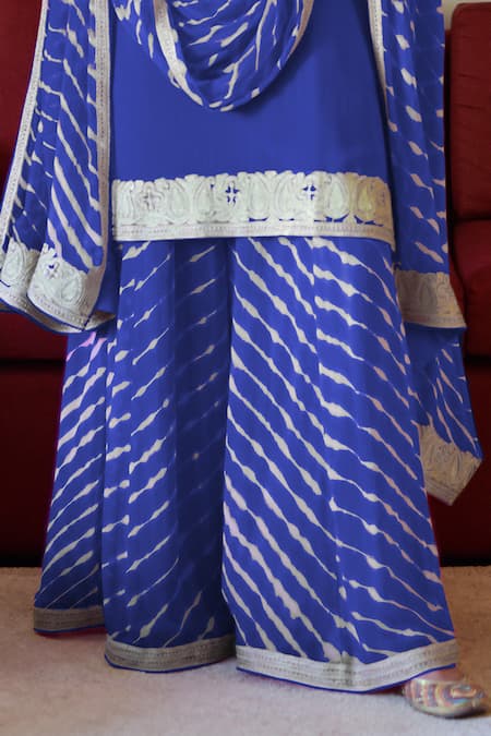 Buy_Talking Threads_Blue Crepe, Chiffon Embroidery Round Placket Kashmiri Tilla Kurta Sharara Set _Online_at_Aza_Fashions