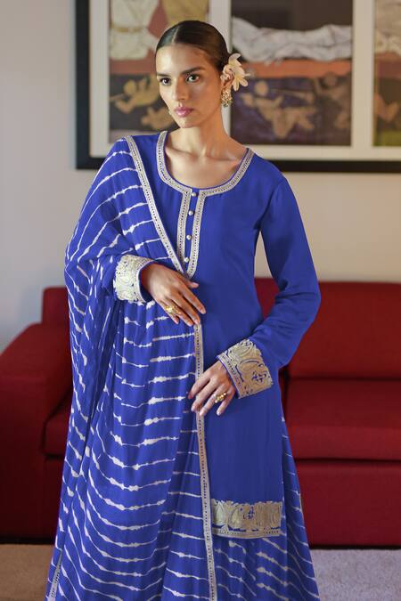 Shop_Talking Threads_Blue Crepe, Chiffon Embroidery Round Placket Kashmiri Tilla Kurta Sharara Set _Online_at_Aza_Fashions