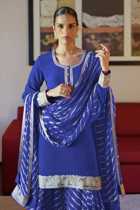 Talking Threads_Blue Crepe, Chiffon Embroidery Round Placket Kashmiri Tilla Kurta Sharara Set _at_Aza_Fashions