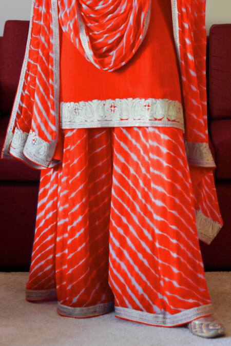 Talking Threads_Red Crepe, Chiffon Embroidery Round Neck Cuffs Kurta Sharara Set _Online_at_Aza_Fashions