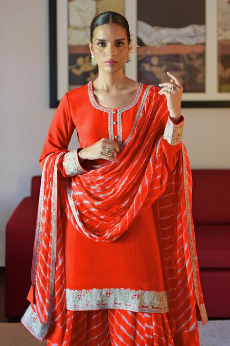 Buy_Talking Threads_Red Crepe, Chiffon Embroidery Round Neck Cuffs Kurta Sharara Set _Online_at_Aza_Fashions
