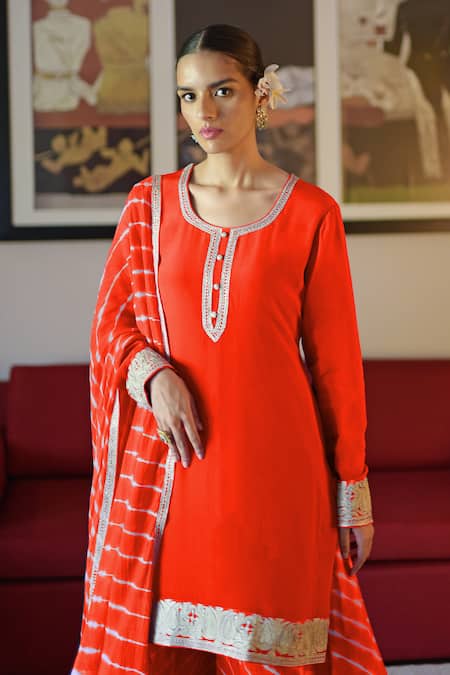 Shop_Talking Threads_Red Crepe, Chiffon Embroidery Round Neck Cuffs Kurta Sharara Set _Online_at_Aza_Fashions