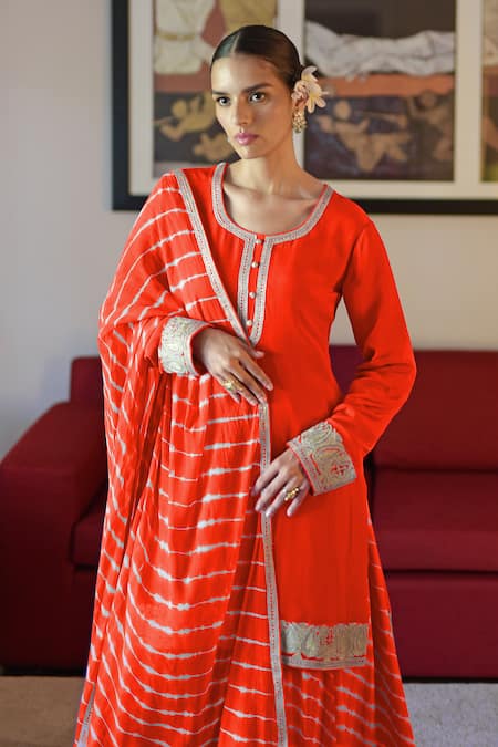 Talking Threads_Red Crepe, Chiffon Embroidery Round Neck Cuffs Kurta Sharara Set _at_Aza_Fashions