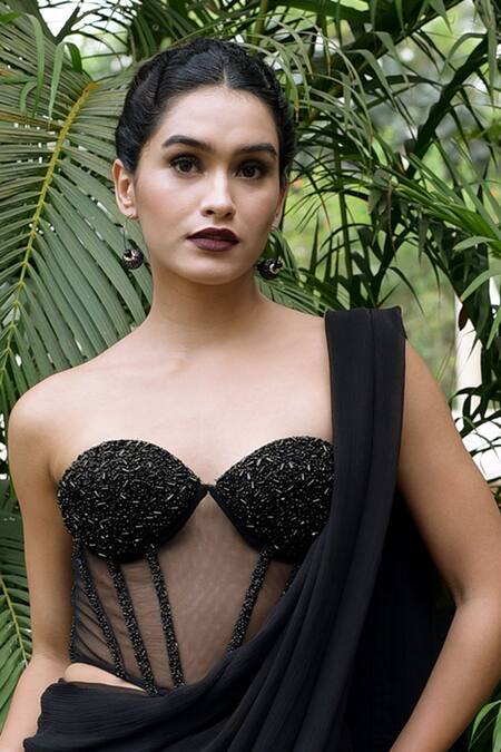 Talking Threads_Black Tulle Sequins, Beads Sweetheart Neck Hand Embroidered Corset _at_Aza_Fashions