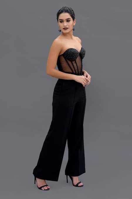Talking Threads_Black Tulle Beads Sweetheart Neck Embroidered Corset And Pant Set _Online_at_Aza_Fashions
