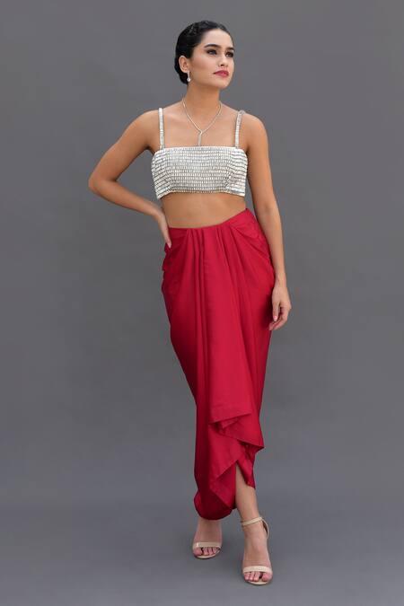 Talking Threads Red Satin Hand Embroidered Diamante Stones Bustier And Draped Skirt Set 