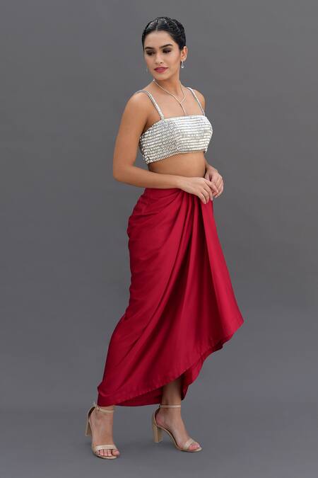 Shop_Talking Threads_Red Satin Crystals, Diamonds Square Hand Embroidered Bustier And Draped Skirt Set _Online_at_Aza_Fashions