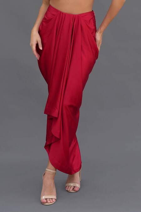 Talking Threads_Red Satin Crystals, Diamonds Square Hand Embroidered Bustier And Draped Skirt Set _at_Aza_Fashions