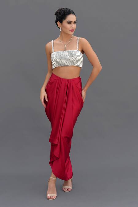 Buy_Talking Threads_Red Satin Crystals, Diamonds Square Hand Embroidered Bustier And Draped Skirt Set 