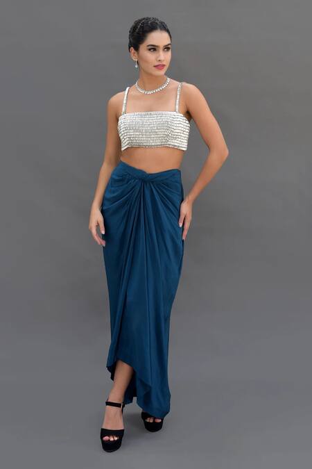 Talking Threads_Blue Satin Crystals, Diamonds Square Neck Embroidered Bustier And Draped Skirt Set _Online_at_Aza_Fashions