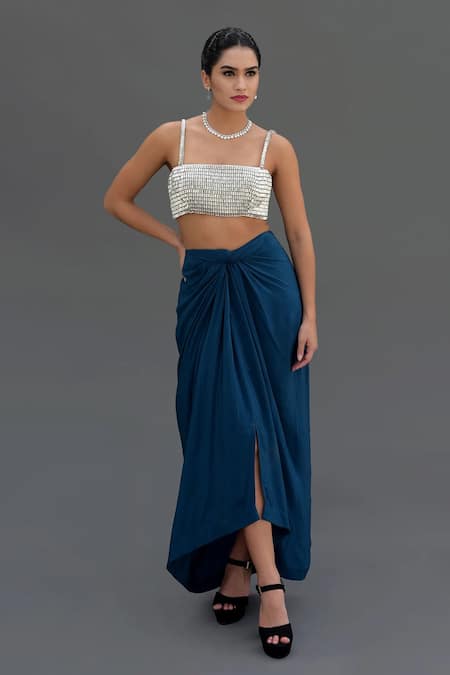 Buy_Talking Threads_Blue Satin Crystals, Diamonds Square Neck Embroidered Bustier And Draped Skirt Set _Online_at_Aza_Fashions