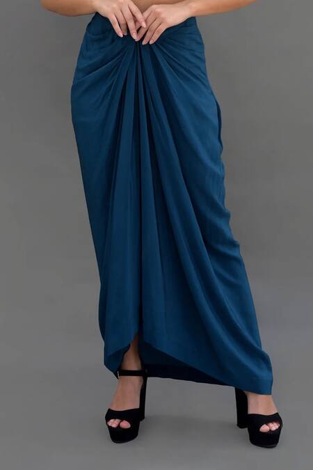 Talking Threads_Blue Satin Crystals, Diamonds Square Neck Embroidered Bustier And Draped Skirt Set _at_Aza_Fashions