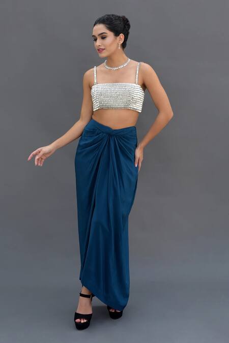 Buy_Talking Threads_Blue Satin Crystals, Diamonds Square Neck Embroidered Bustier And Draped Skirt Set 