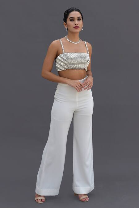 Shop_Talking Threads_White Crepe Crystals, Diamonds Square Neck Hand Embroidered Bustier And Pant Set _Online_at_Aza_Fashions