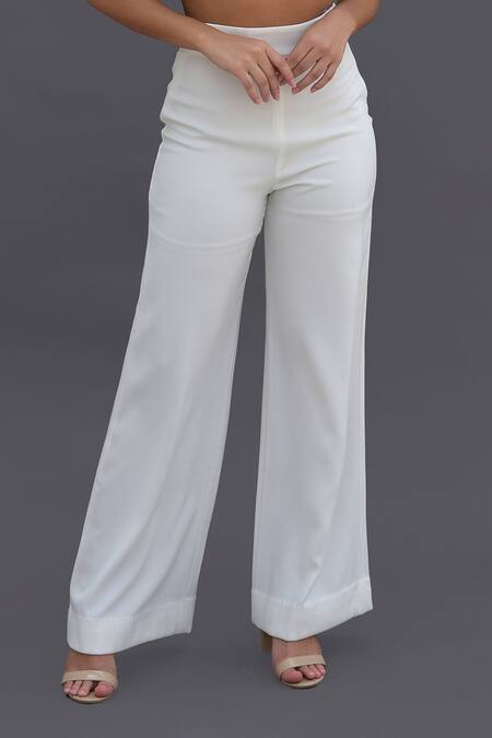 Talking Threads_White Crepe Crystals, Diamonds Square Neck Hand Embroidered Bustier And Pant Set _at_Aza_Fashions