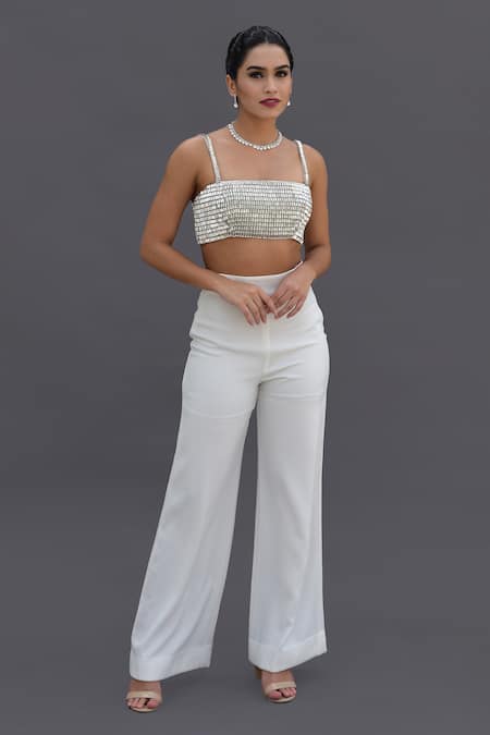 Buy_Talking Threads_White Crepe Crystals, Diamonds Square Neck Hand Embroidered Bustier And Pant Set 