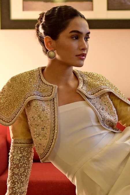 Talking Threads_Gold Crepe, Silk Sequins, Crystals, Embroidery Hand Jacket With Jumpsuit _Online_at_Aza_Fashions