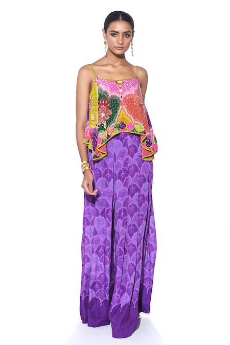 Siddhartha Bansal Embroidered Asymmetric Top & Printed Palazzo Set 